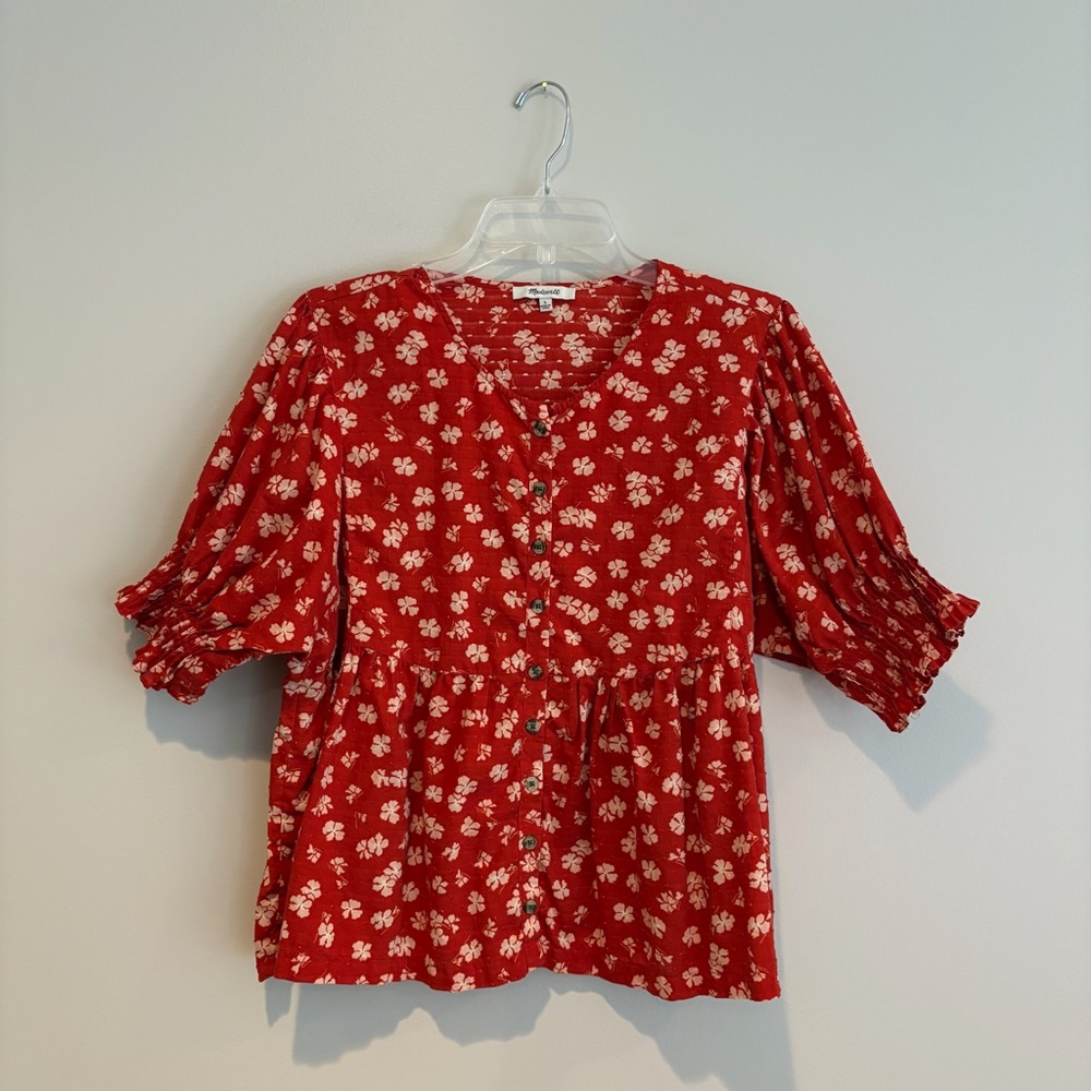 Madewell Red Floral Peplum Short Sleeve Blouse - Picture 2 of 8